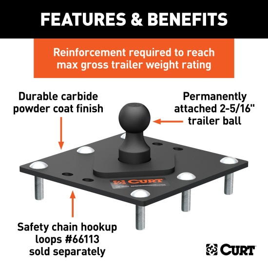 CURT Fixed Ball Gooseneck Hitch for Reliable Towing CURT gooseneck hitch with a fixed 2-5/16 inch ball on truck bed