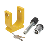 REESE Fifth Wheel Accessories for Safe and Easy Towing REESE kingpin lock in bright yellow for fifth wheel towing safety
