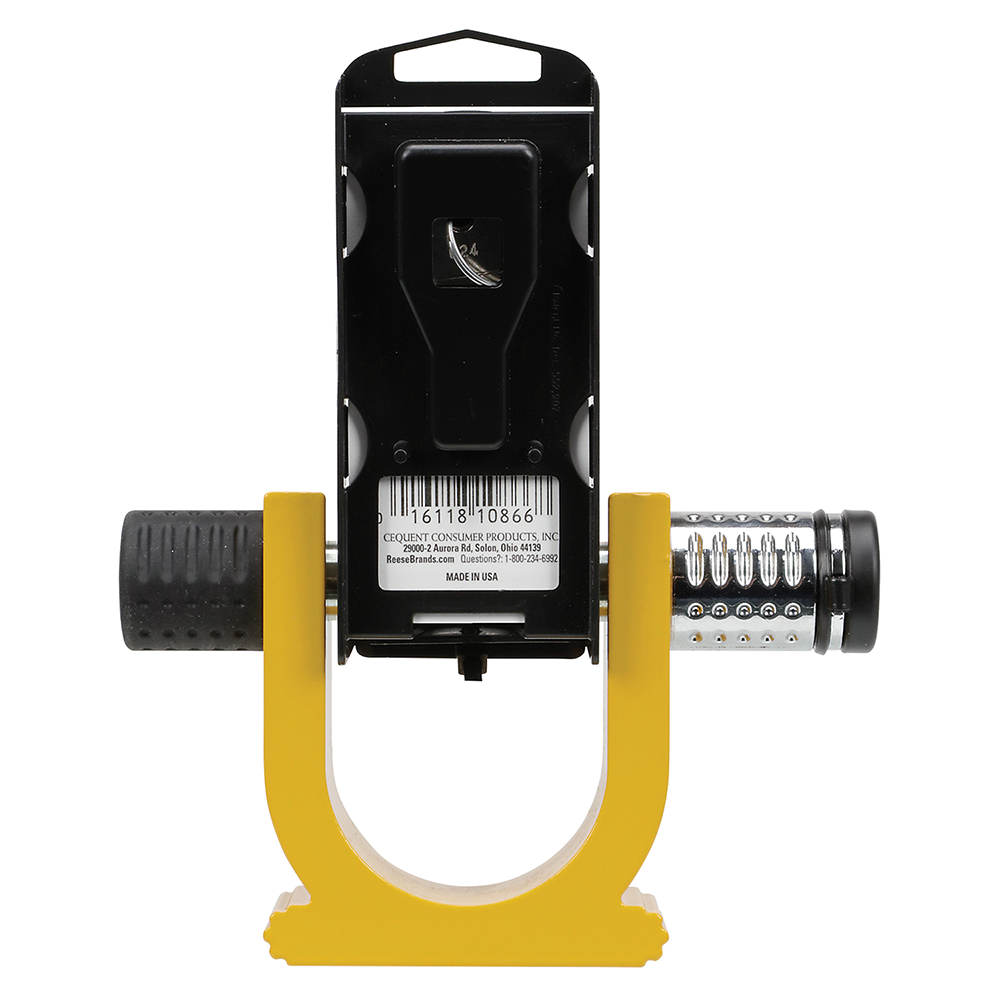REESE Fifth Wheel Accessories for Safe and Easy Towing REESE kingpin lock in bright yellow for fifth wheel towing safety