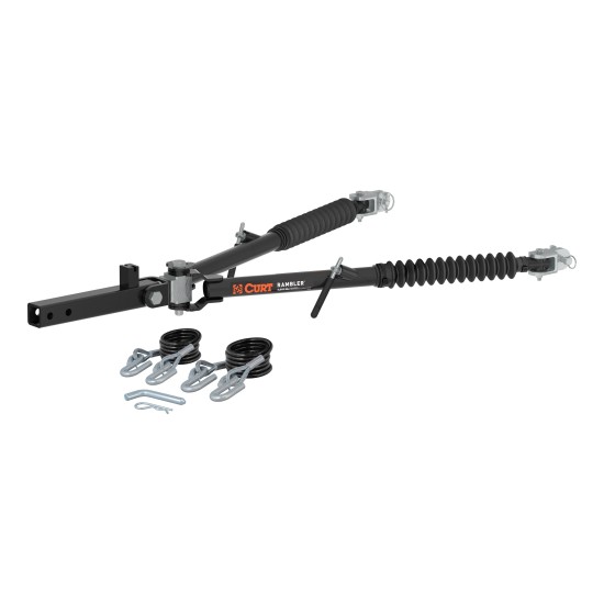 CURT Rambler Steel Tow Bar for Ergonomic and Reliable Towing CURT Rambler steel tow bar shown with patent-pending latches for easy non-binding release, ideal for towing various vehicles.