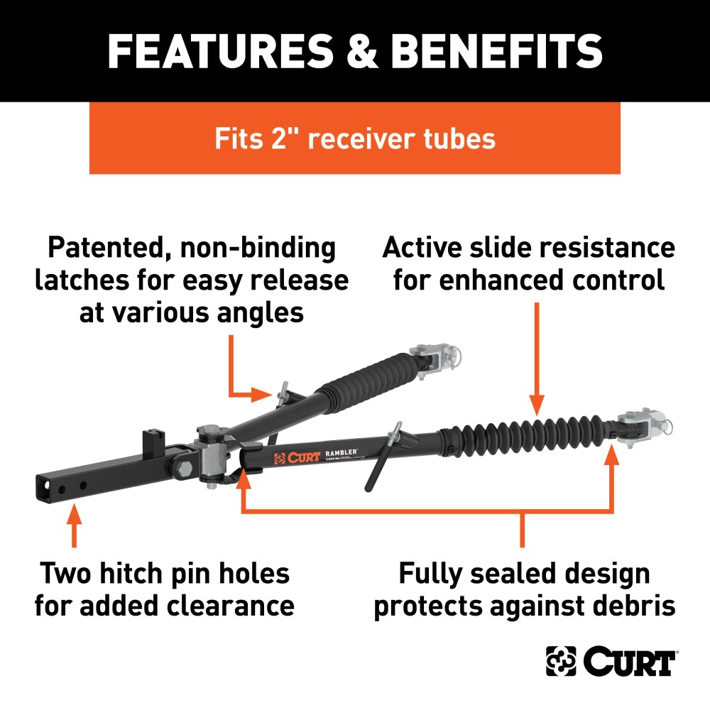 CURT Rambler Steel Tow Bar for Ergonomic and Reliable Towing CURT Rambler steel tow bar shown with patent-pending latches for easy non-binding release, ideal for towing various vehicles.