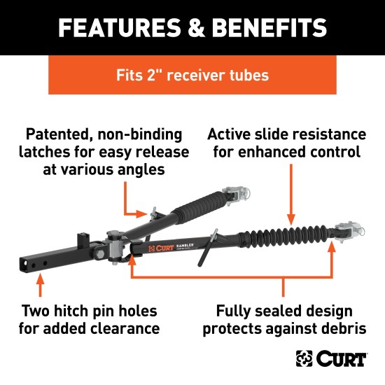 CURT Rambler Steel Tow Bar for Ergonomic and Reliable Towing CURT Rambler steel tow bar shown with patent-pending latches for easy non-binding release, ideal for towing various vehicles.