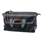 A CURT tool bag featuring multiple pockets for organized towing accessories storage, comfort-grip handles, and reinforced straps.