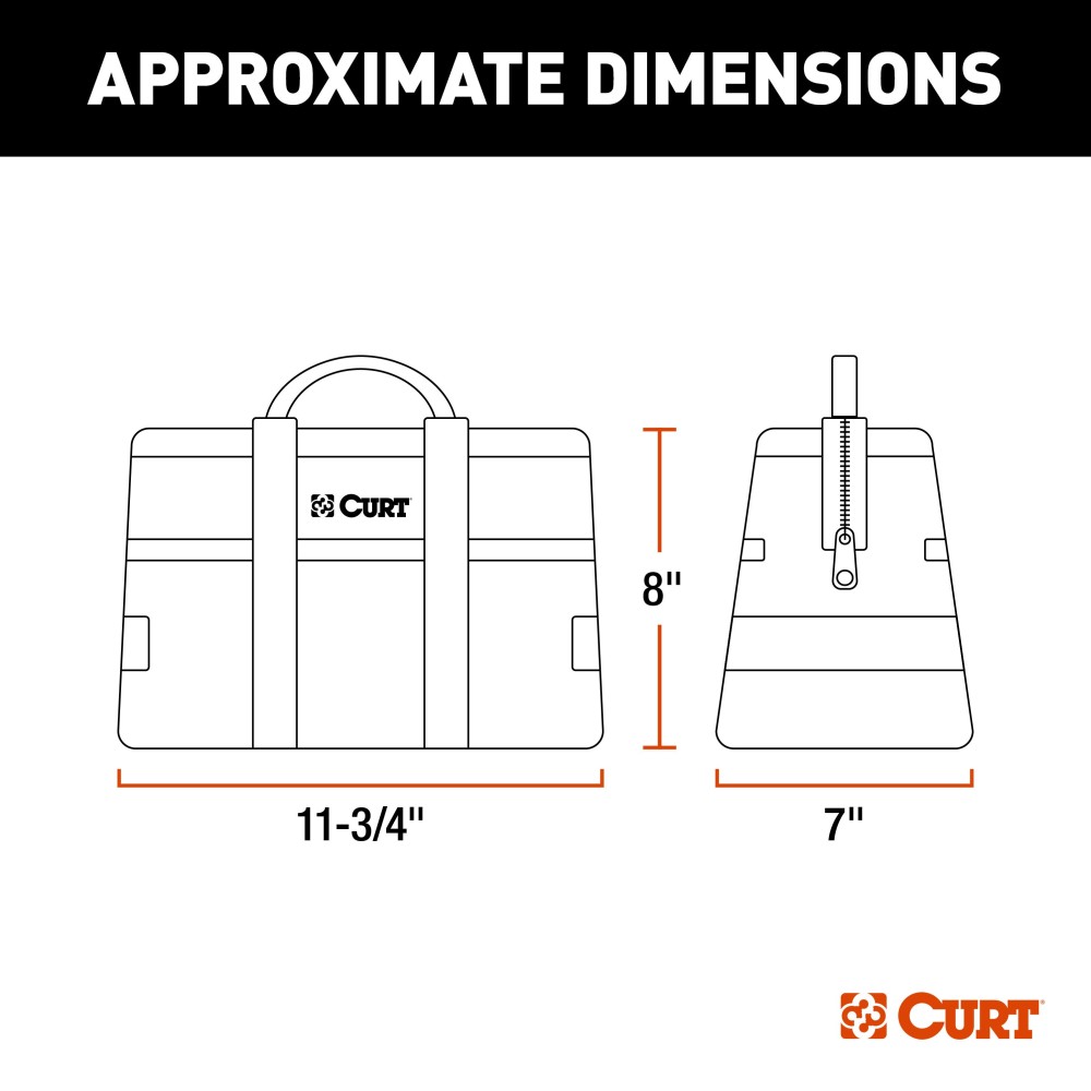 A CURT tool bag featuring multiple pockets for organized towing accessories storage, comfort-grip handles, and reinforced straps.