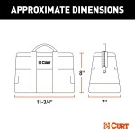 A CURT tool bag featuring multiple pockets for organized towing accessories storage, comfort-grip handles, and reinforced straps.