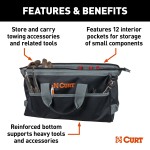 A CURT tool bag featuring multiple pockets for organized towing accessories storage, comfort-grip handles, and reinforced straps.