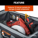 A CURT tool bag featuring multiple pockets for organized towing accessories storage, comfort-grip handles, and reinforced straps.