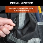A CURT tool bag featuring multiple pockets for organized towing accessories storage, comfort-grip handles, and reinforced straps.