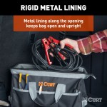 A CURT tool bag featuring multiple pockets for organized towing accessories storage, comfort-grip handles, and reinforced straps.