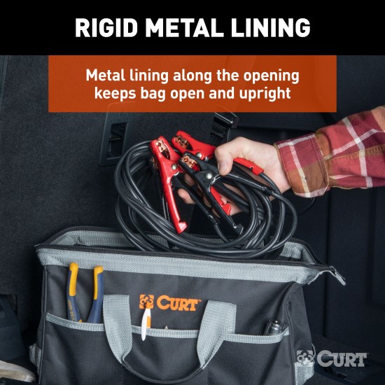 CURT Tool Bag for Towing Accessories with 14 Pockets A CURT tool bag featuring multiple pockets for organized towing accessories storage, comfort-grip handles, and reinforced straps.