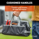 A CURT tool bag featuring multiple pockets for organized towing accessories storage, comfort-grip handles, and reinforced straps.
