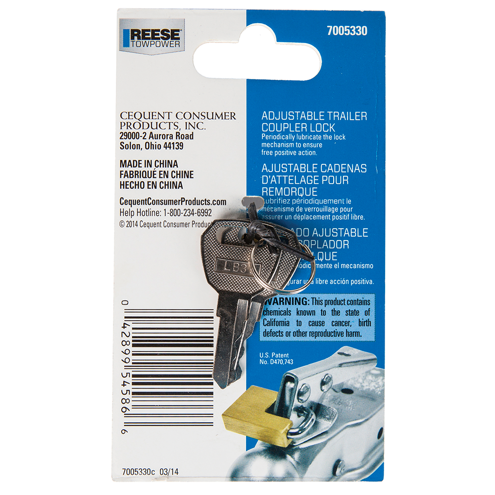 REESE Towpower brass trailer coupler lock with flat key design