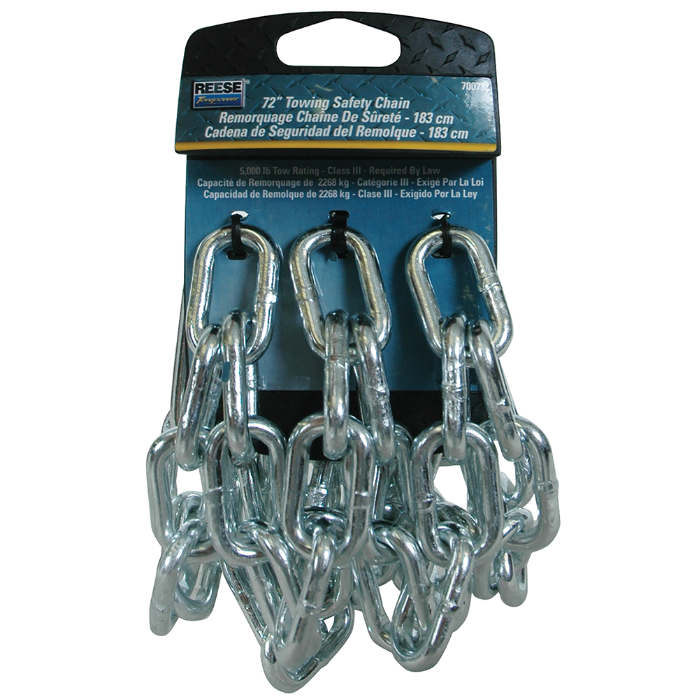 REESE Safety Chains 72-Inch 5000 lbs Capacity Zinc Finish REESE safety chains featuring 72-inch length and 5000 lbs capacity with a bright zinc finish and quick links.