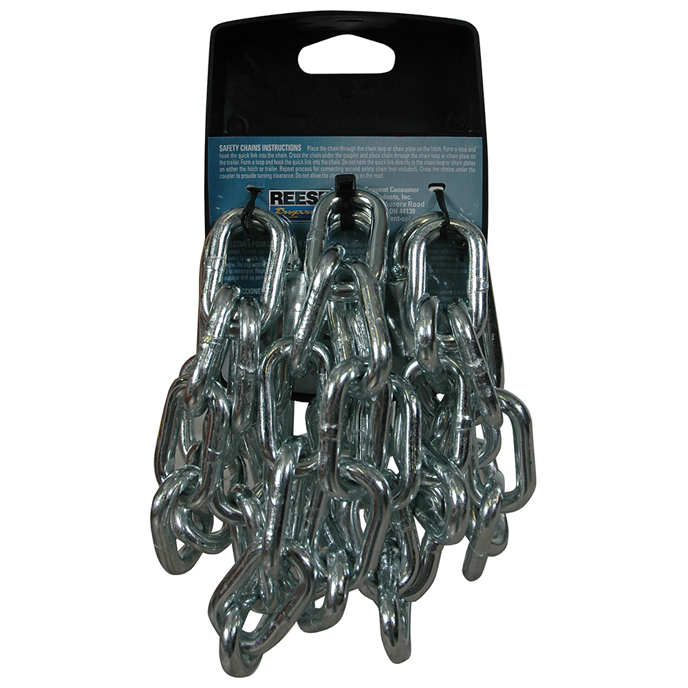 REESE Safety Chains 72-Inch 5000 lbs Capacity Zinc Finish REESE safety chains featuring 72-inch length and 5000 lbs capacity with a bright zinc finish and quick links.