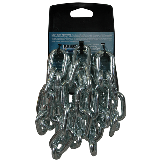 REESE Safety Chains 72-Inch 5000 lbs Capacity Zinc Finish REESE safety chains featuring 72-inch length and 5000 lbs capacity with a bright zinc finish and quick links.