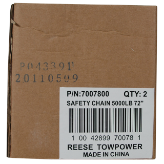 REESE safety chains featuring 72-inch length and 5000 lbs capacity with a bright zinc finish and quick links.