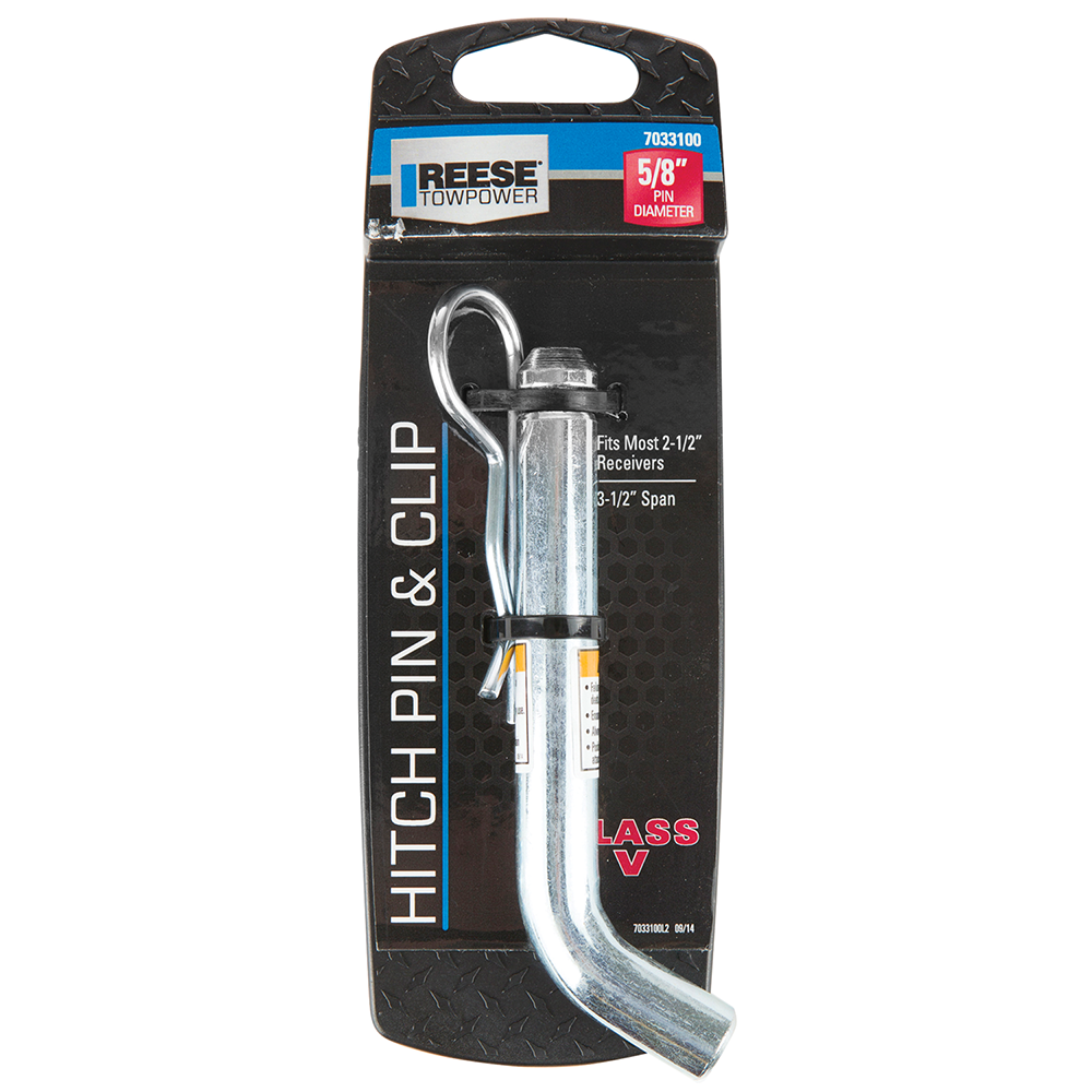 REESE Towpower 5/8-in Diameter Pin and Clip for Towing REESE Towpower 5/8-inch diameter pin and clip, compatible with 2-1/2-inch hitch receivers, bright zinc finish
