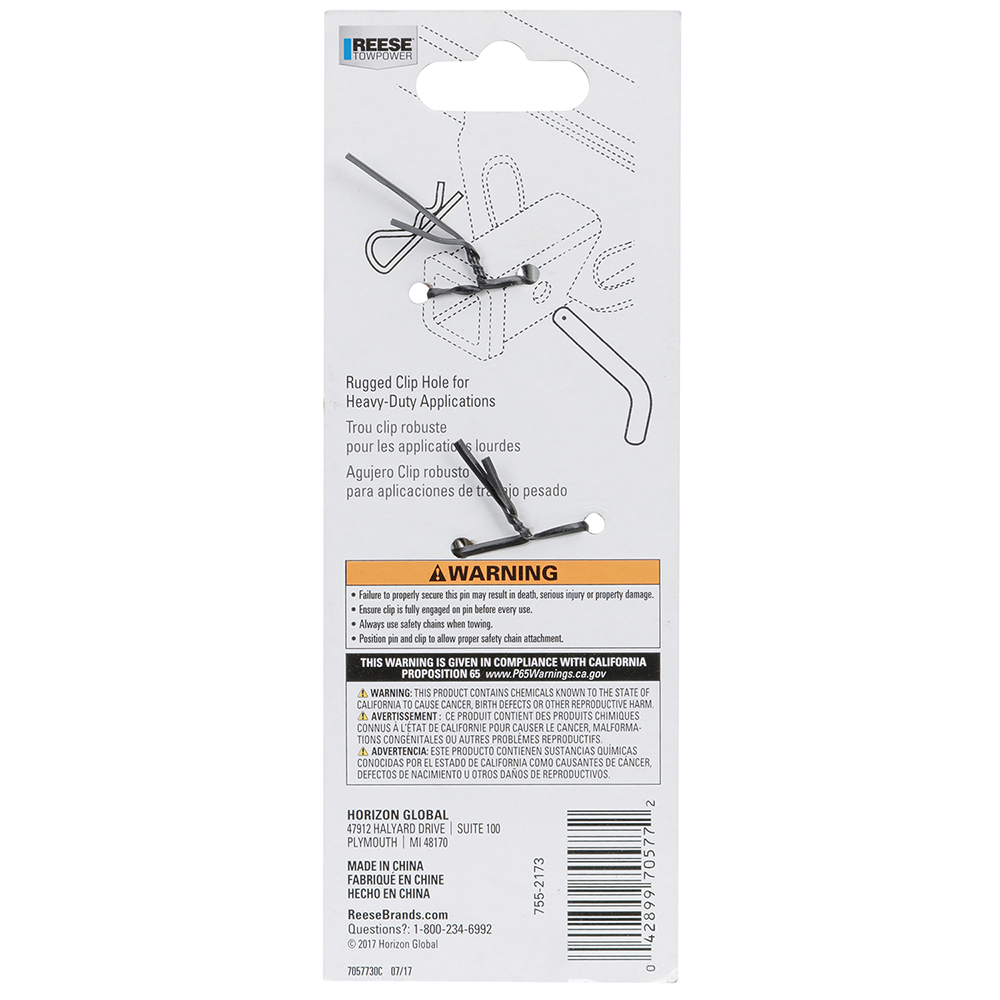 REESE Towpower Heavy Duty 5/8-inch diameter hitch pin with clip for secure mounting in Class III, IV, and V receivers