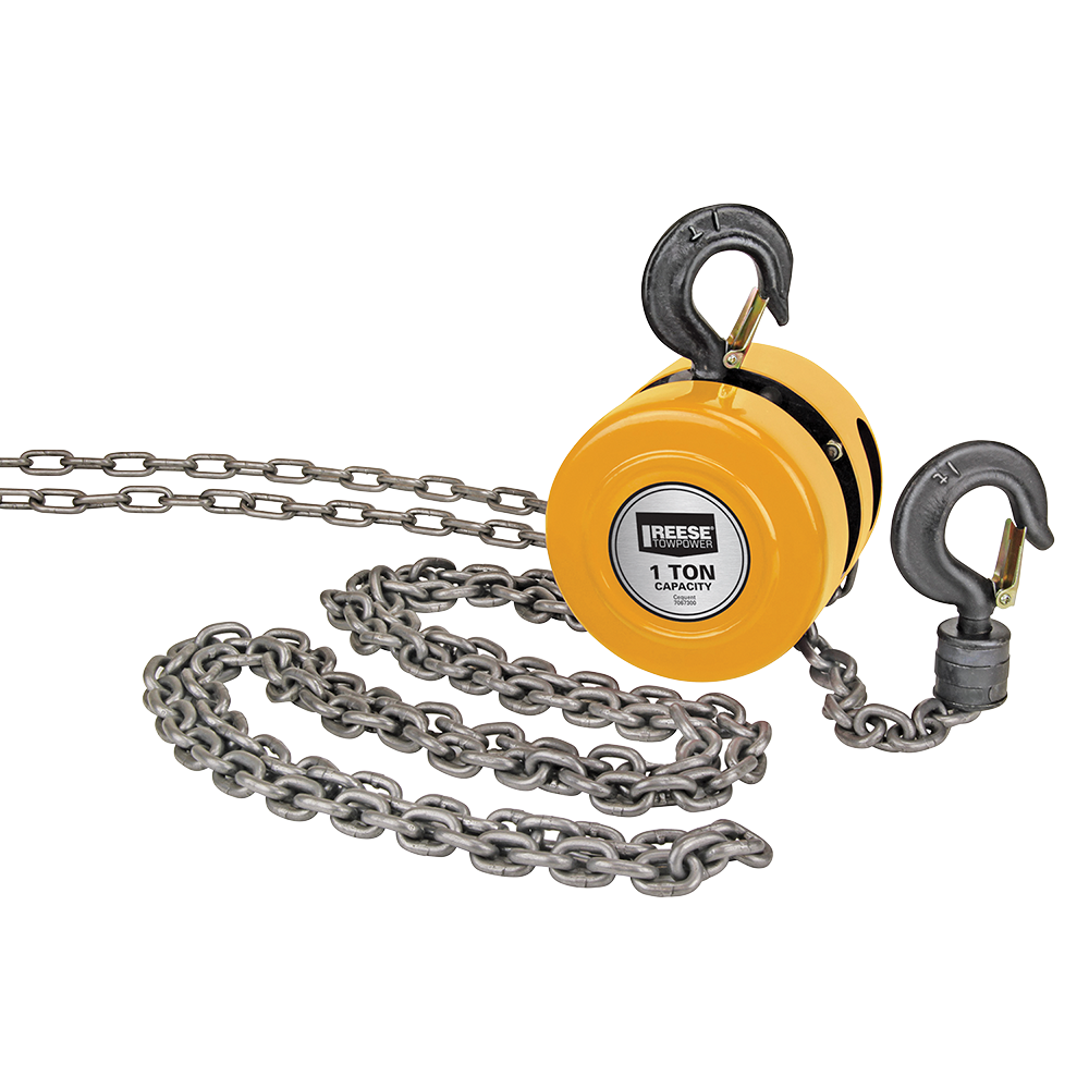 REESE Towpower One Ton Chain Hoist with 2000 lbs Capacity REESE Towpower chain hoist with 2000 lbs lifting capacity and swivel hooks