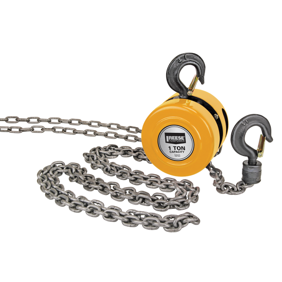 REESE Towpower One Ton Chain Hoist with 2000 lbs Capacity REESE Towpower chain hoist with 2000 lbs lifting capacity and swivel hooks