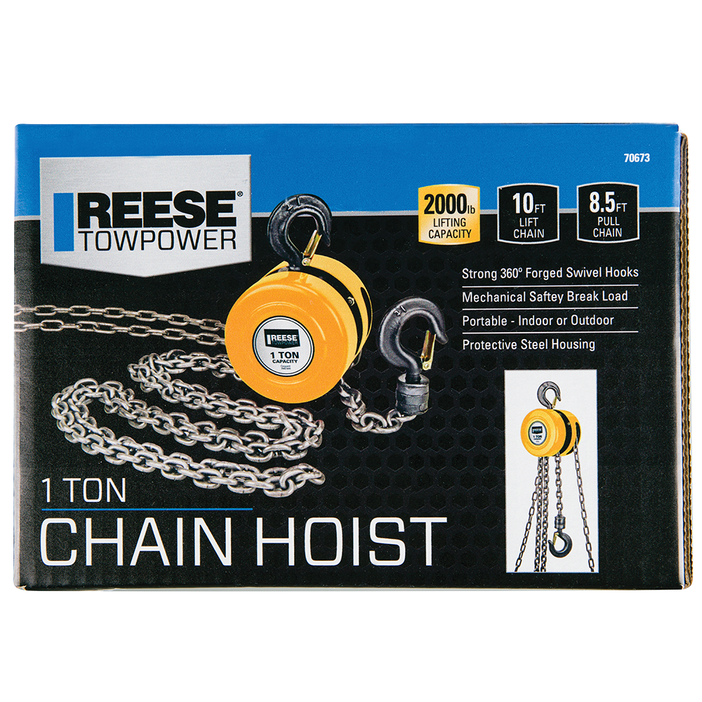 REESE Towpower One Ton Chain Hoist with 2000 lbs Capacity REESE Towpower chain hoist with 2000 lbs lifting capacity and swivel hooks