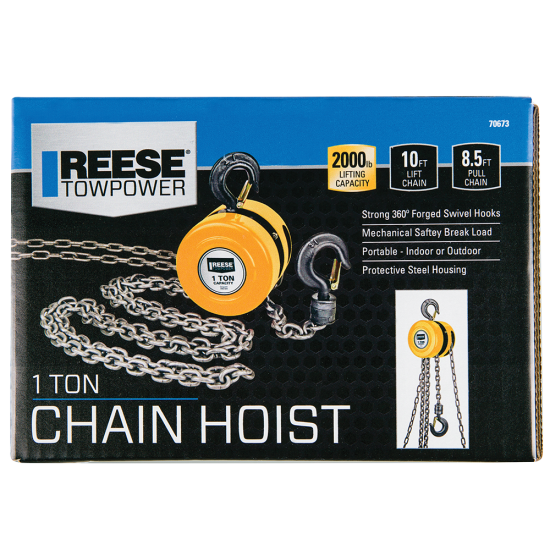 REESE Towpower One Ton Chain Hoist with 2000 lbs Capacity REESE Towpower chain hoist with 2000 lbs lifting capacity and swivel hooks
