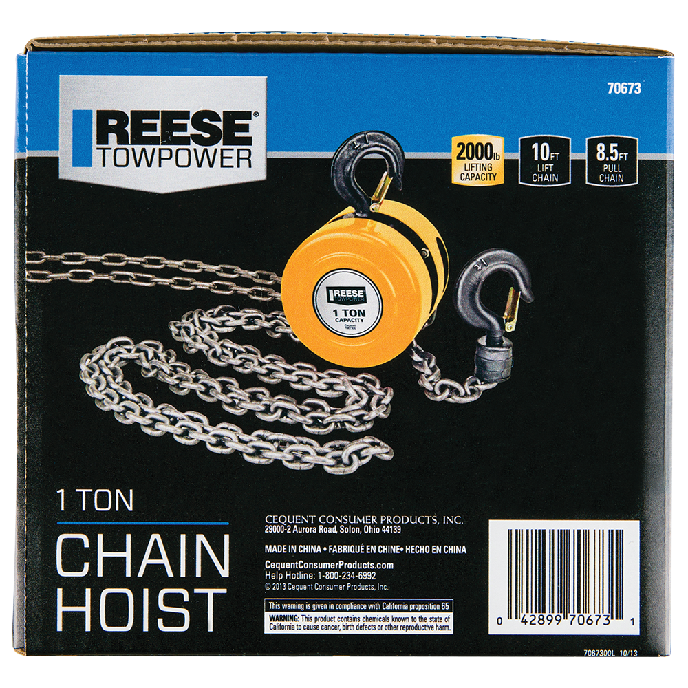 REESE Towpower One Ton Chain Hoist with 2000 lbs Capacity REESE Towpower chain hoist with 2000 lbs lifting capacity and swivel hooks