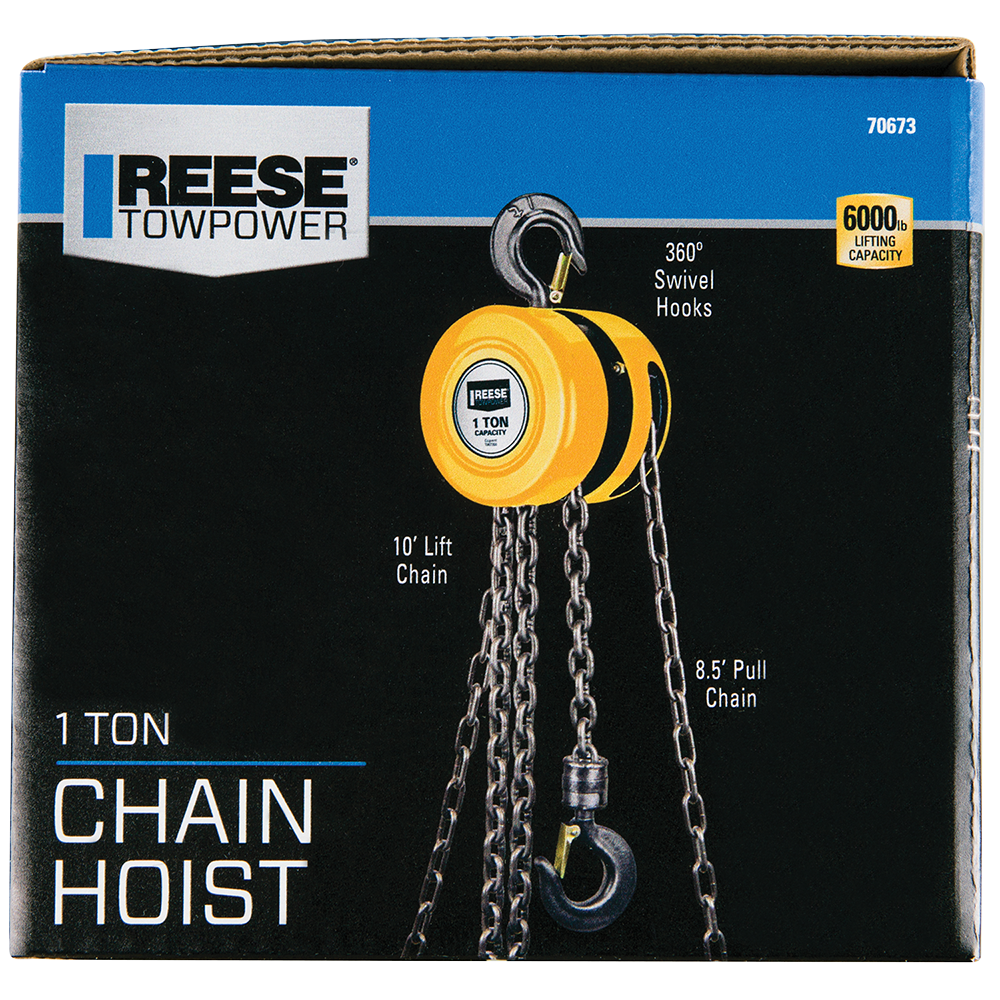 REESE Towpower One Ton Chain Hoist with 2000 lbs Capacity REESE Towpower chain hoist with 2000 lbs lifting capacity and swivel hooks