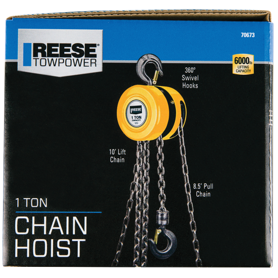REESE Towpower One Ton Chain Hoist with 2000 lbs Capacity REESE Towpower chain hoist with 2000 lbs lifting capacity and swivel hooks
