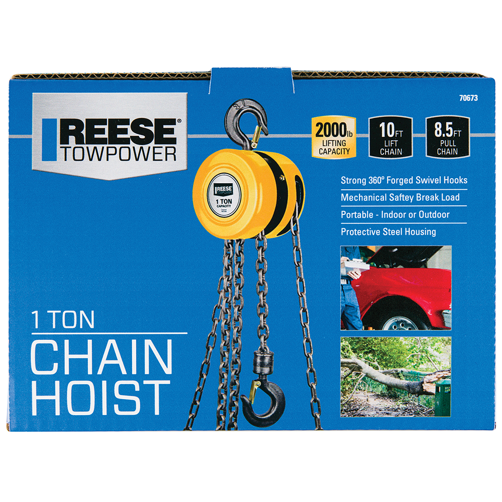 REESE Towpower One Ton Chain Hoist with 2000 lbs Capacity REESE Towpower chain hoist with 2000 lbs lifting capacity and swivel hooks