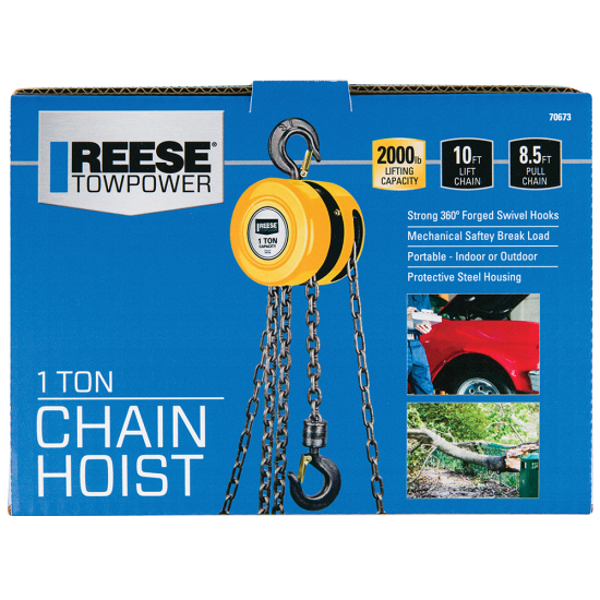 REESE Towpower One Ton Chain Hoist with 2000 lbs Capacity REESE Towpower chain hoist with 2000 lbs lifting capacity and swivel hooks