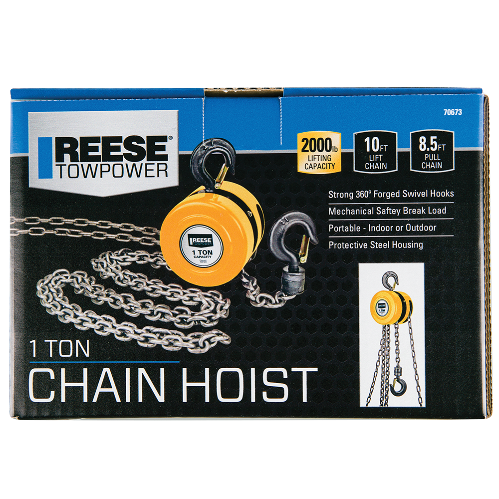 REESE Towpower One Ton Chain Hoist with 2000 lbs Capacity REESE Towpower chain hoist with 2000 lbs lifting capacity and swivel hooks