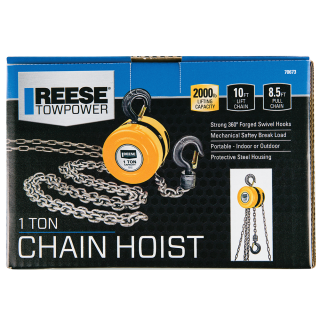 REESE Towpower One Ton Chain Hoist with 2000 lbs Capacity REESE Towpower chain hoist with 2000 lbs lifting capacity and swivel hooks