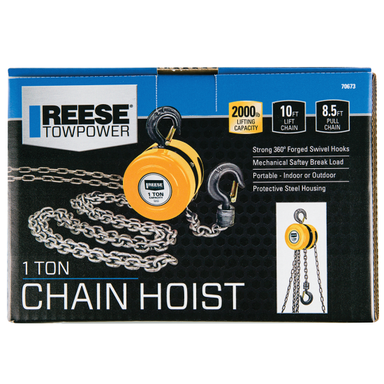 REESE Towpower One Ton Chain Hoist with 2000 lbs Capacity REESE Towpower chain hoist with 2000 lbs lifting capacity and swivel hooks