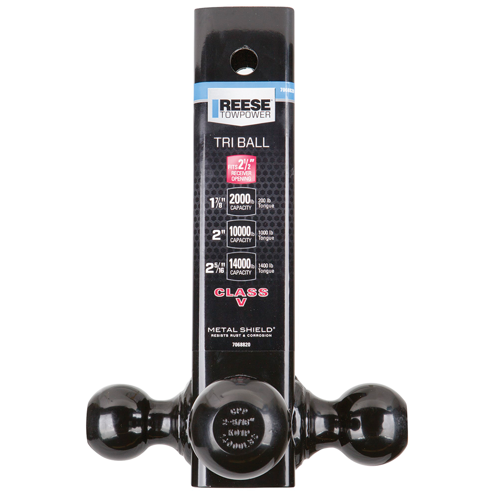 REESE Tri-Ball Mount for Heavy-Duty Towing with 2-Inch Receiver REESE tri-ball mount with black powder coat for heavy towing.