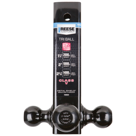 REESE tri-ball mount with black powder coat for heavy towing.