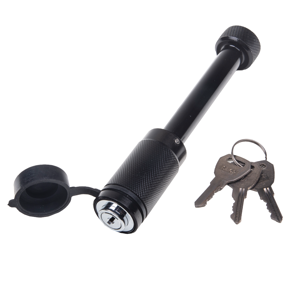 REESE Towpower Dogbone Receiver Lock for Trailer Security REESE Towpower dogbone style receiver lock with push-button key and rubber cover for trailer protection