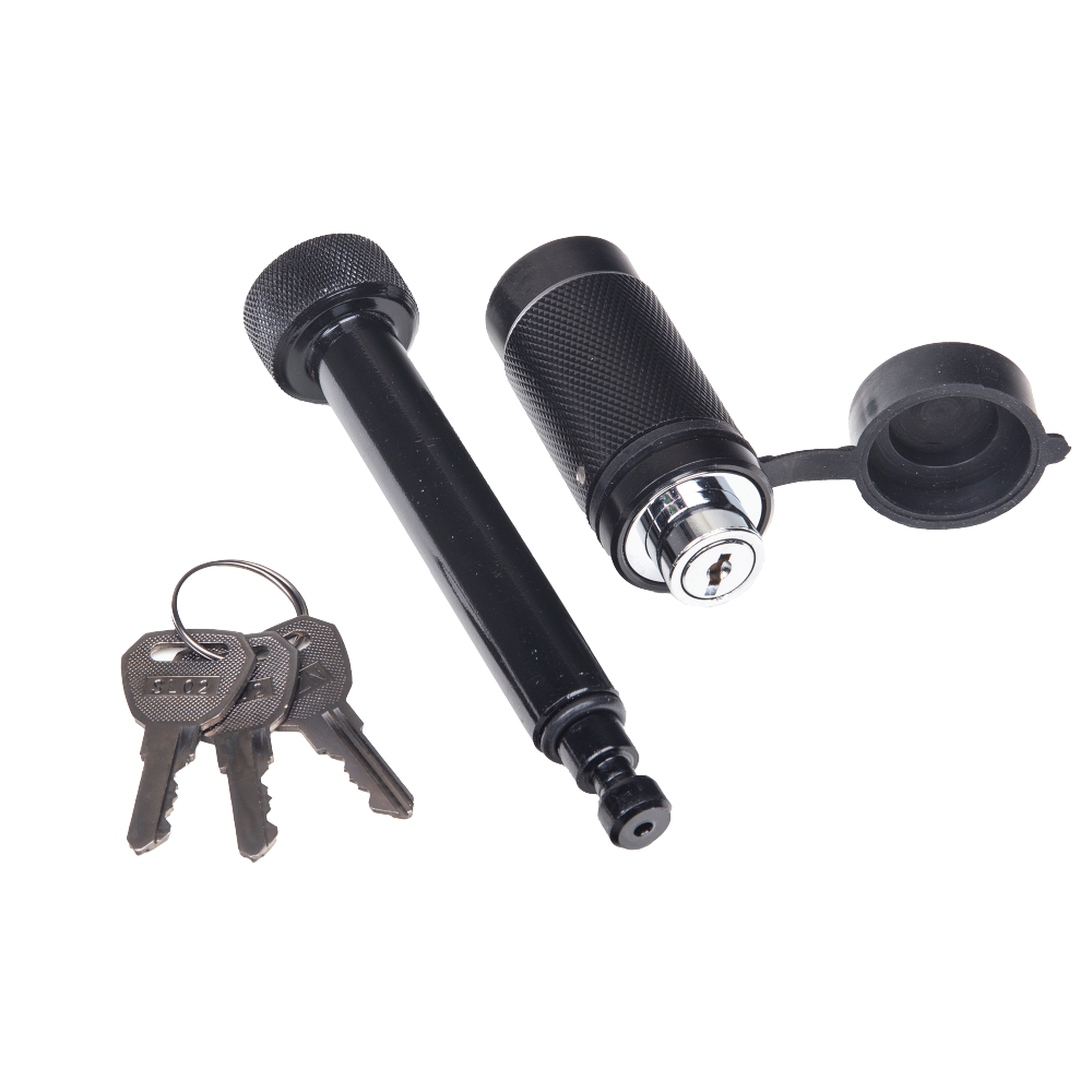 REESE Towpower Dogbone Receiver Lock for Trailer Security REESE Towpower dogbone style receiver lock with push-button key and rubber cover for trailer protection