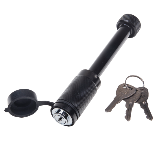 REESE Towpower Dogbone Receiver Lock for Trailer Security REESE Towpower dogbone style receiver lock with push-button key and rubber cover for trailer protection