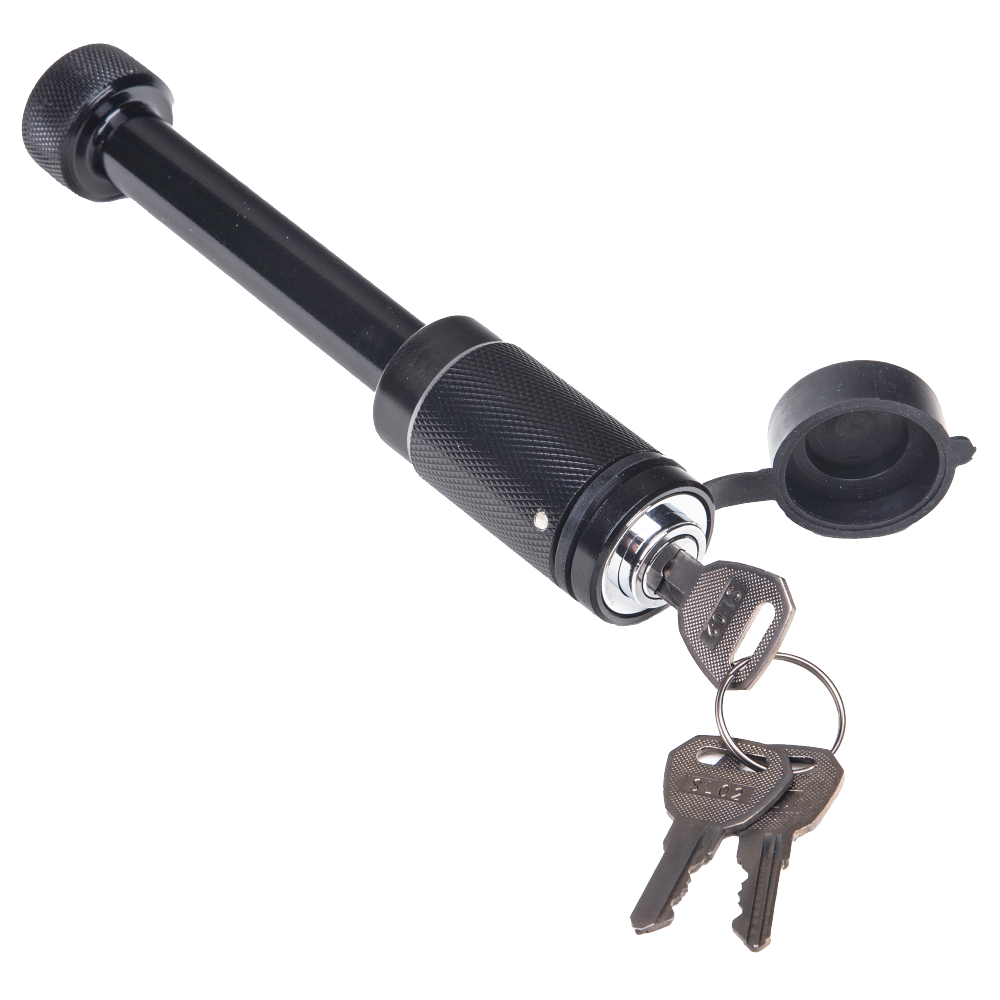 REESE Towpower Dogbone Receiver Lock for Trailer Security REESE Towpower dogbone style receiver lock with push-button key and rubber cover for trailer protection
