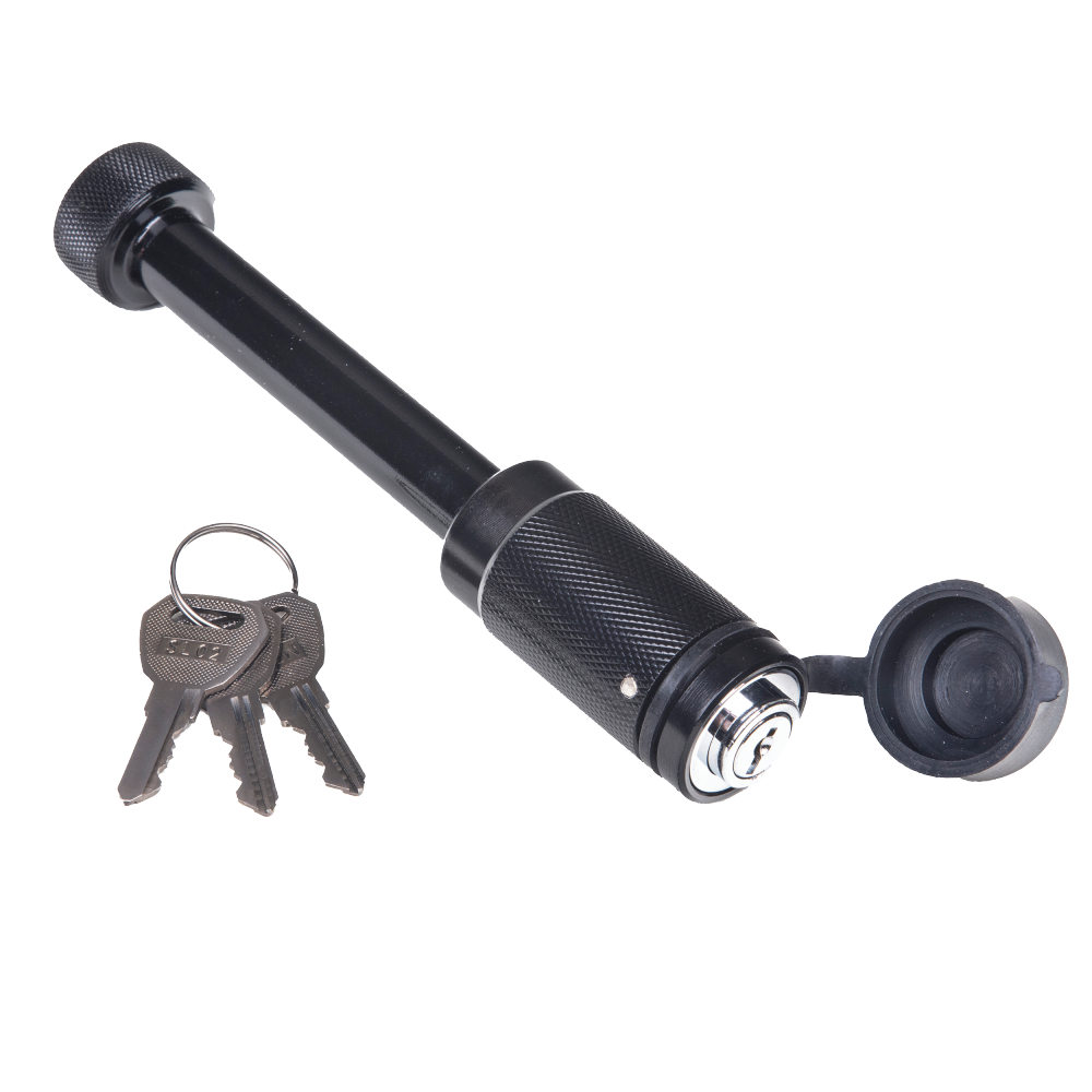 REESE Towpower Dogbone Receiver Lock for Trailer Security REESE Towpower dogbone style receiver lock with push-button key and rubber cover for trailer protection