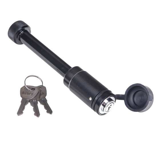 REESE Towpower Dogbone Receiver Lock for Trailer Security REESE Towpower dogbone style receiver lock with push-button key and rubber cover for trailer protection