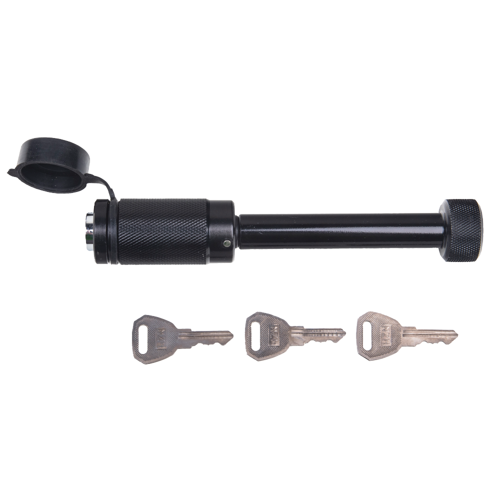 REESE Towpower Dogbone Receiver Lock for Trailer Security REESE Towpower dogbone style receiver lock with push-button key and rubber cover for trailer protection