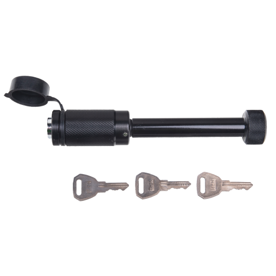 REESE Towpower Dogbone Receiver Lock for Trailer Security REESE Towpower dogbone style receiver lock with push-button key and rubber cover for trailer protection