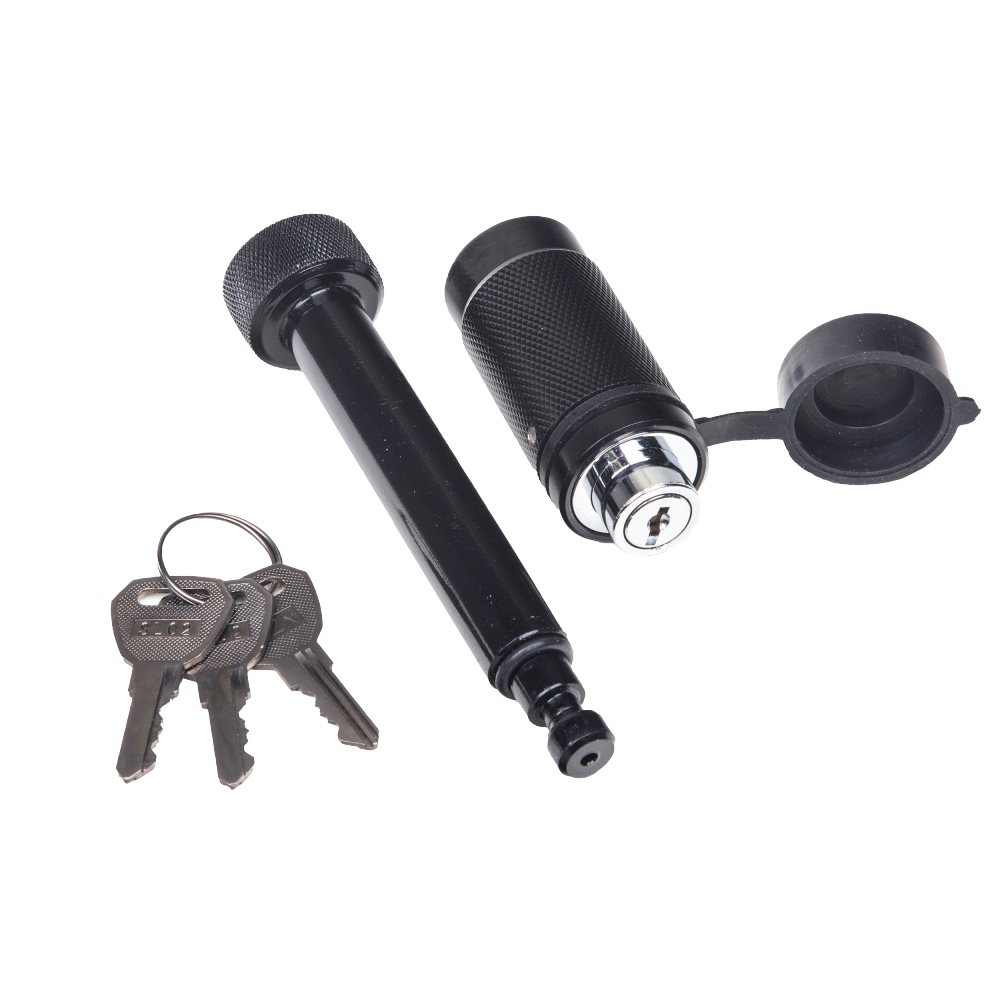 REESE Towpower Dogbone Receiver Lock for Trailer Security REESE Towpower dogbone style receiver lock with push-button key and rubber cover for trailer protection