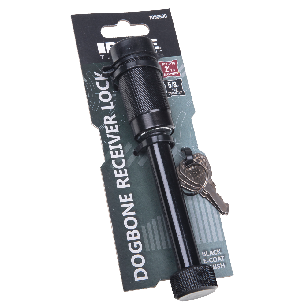 REESE Towpower Dogbone Receiver Lock for Trailer Security REESE Towpower dogbone style receiver lock with push-button key and rubber cover for trailer protection