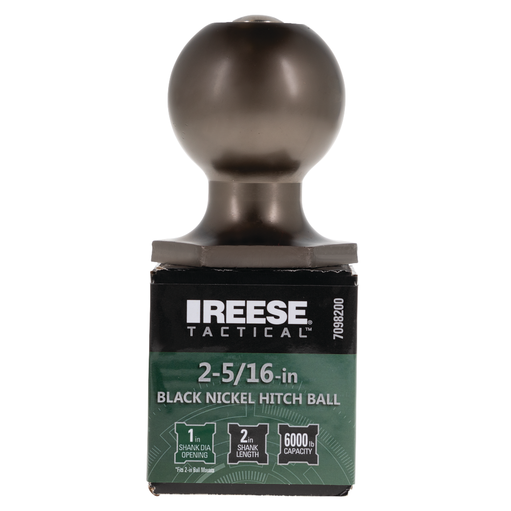 REESE Tactical 2-5/16 Inch Black Nickel Hitch Ball REESE Tactical hitch ball with 2-5/16 inch diameter and 6,000 lbs capacity