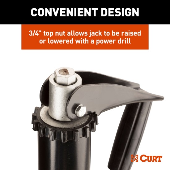 Lippert Quick Drop Tongue Jack for Trailers with Dual Operation Lippert Quick Drop tongue jack on trailer, convertible to powered operation with a drill, 2000 lb capacity, black finish.