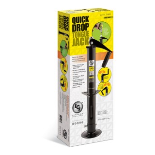 Lippert Quick Drop Tongue Jack for Trailers with Dual Operation Lippert Quick Drop tongue jack on trailer, convertible to powered operation with a drill, 2000 lb capacity, black finish.