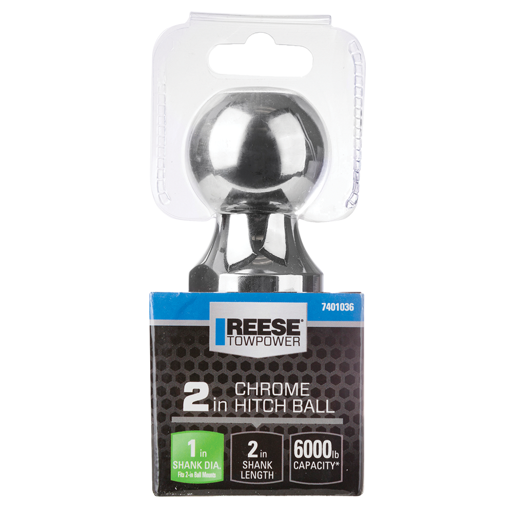 Secure REESE Hitch Ball with Chrome Finish and 6000 lbs Capacity REESE hitch ball with 2 inch diameter, chrome finish, 6000 lbs capacity, ideal for towing securely.